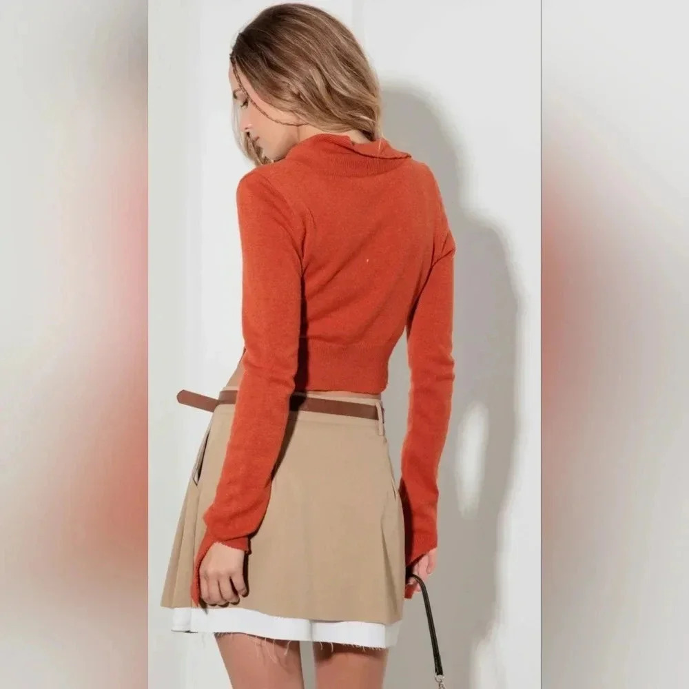 Cut Out Collared Crop Soft Long Sleeve Sweater Top #415-416 - Picture 2 of 10